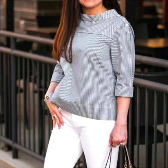 4/$25 J. Crew Top Black White Striped Funnelneck Cotton Poplin Hi Low Sz 00 - Picture 1 of 14